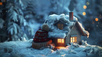 model of a house wearing knitted cap in cold snowy weather with winter heating system concept