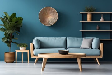 чInterior of modern living room with blue sofa, coffee table and plants. 3d render