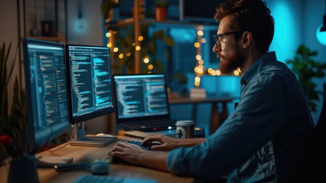 A software developer is engrossed in writing code on dual monitors, indicative of the concentration required in software engineering. AIG41