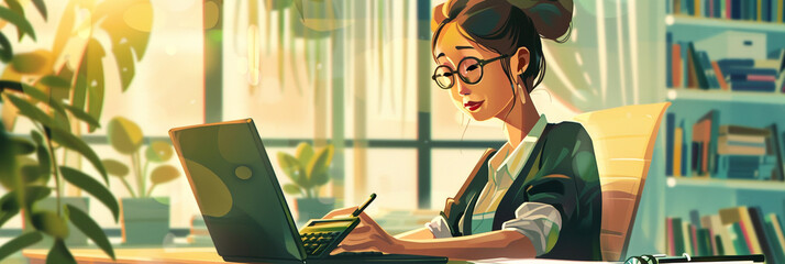Illustration of a Businesswoman using laptop and calculator to do taxes calculation - obrazy, fototapety, plakaty