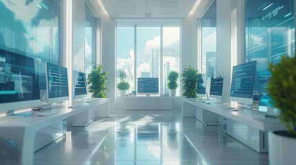 A high-tech hybrid workspace, blending traditional office elements with advanced digital marketing tools, Modern, sleek office design. Generative AI.