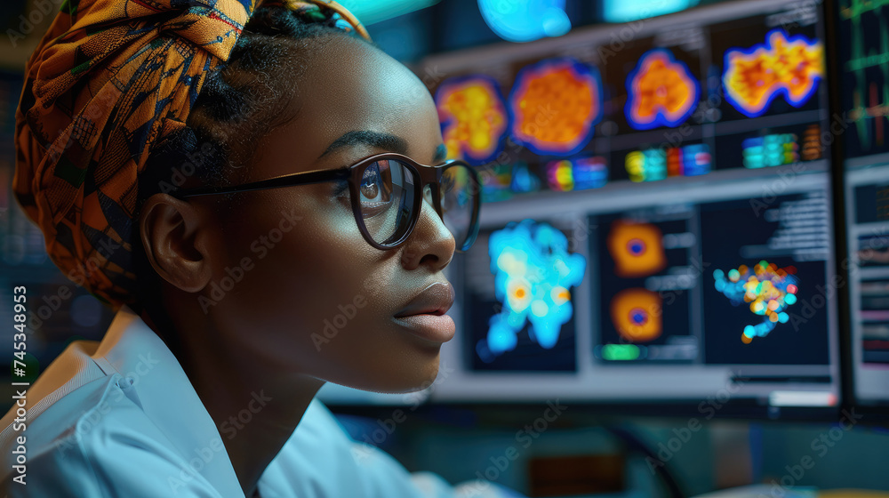Leinwandbilder a digital health professional engrossed in analyzing a complex data visualization on a large monitor