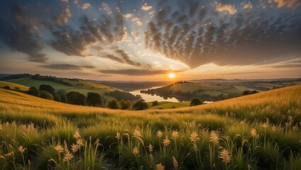Golden Hour Sunset Over a Serene Countryside Landscape with Rolling Hills, a Tranquil Lake, and a Vibrant Sky.