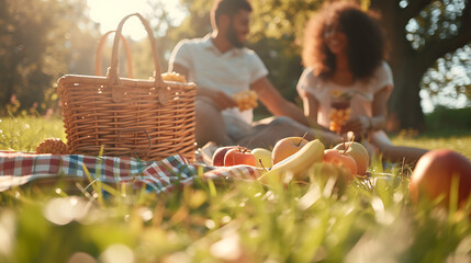 Um casal feliz desfrutando de um piquenique ensolarado no parque com cesta de vime frutas variadas e uma manta quadriculada - obrazy, fototapety, plakaty