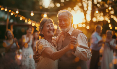 Happy elegant dressed elderly grey-haired couple cheerful smiling when they dancing on 60th Wedding Anniversary ceremony among friends, family relatives on backyard. Happiness of relationships concept - obrazy, fototapety, plakaty