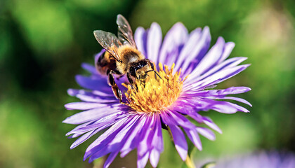 A bee pollinating a vibrant purple flower in a lush green setting.