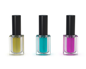 three bottles of nail polish sitting next to each other on a white surface. 3D rendering
