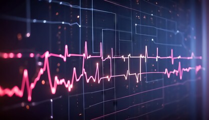 Heartbeat Digital Line. ECG of Heart. Real-Time Patient Monitoring and Heart Health Management. Advanced Technology for Cardiac Care - obrazy, fototapety, plakaty