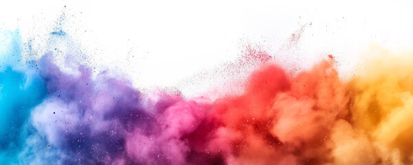Abstract colorful rainbow pigment gulal powder dust particles smoke spray. Holi background. Festive Indian happy holiday card, invitation or banner backdrop. Hindu festival of colours 8k Wallpaper.