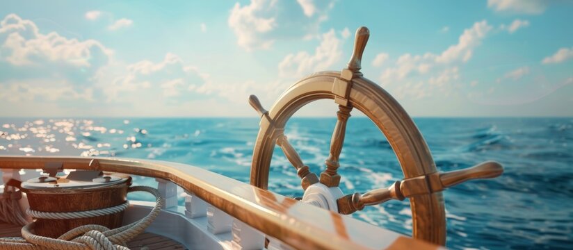 Steering ship on board with sea and sunrise. AI generated image