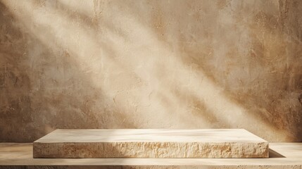 Empty Stone Podium for display product. Background for cosmetic product branding. Beige, natural shades.