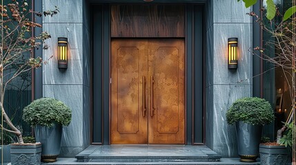 Chinese style villa entrance door, dark grey cement texture wall, warm tone, double door with door head. Generative AI. - obrazy, fototapety, plakaty