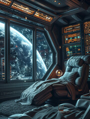 Serene Space Station Haven Plush Comforts Amidst Cosmic Views - obrazy, fototapety, plakaty
