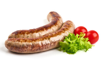 Grilled Munich Sausages, close-up, isolated on white background.