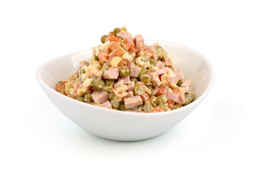 Olivier salad, isolated on white background.