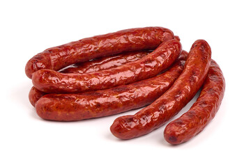 Grilled pork sausages, isolated on white background.