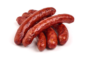 Grilled pork sausages, isolated on white background.
