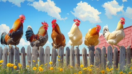 Chickens on a village fence. - obrazy, fototapety, plakaty