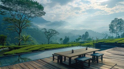 A large platform with wooden flooring, featuring a large rectangular bar table and chairs, overlooking a vast tea plantation with the backdrop of mountains and the sky. Generative AI.