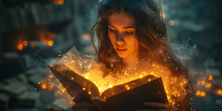 A young woman sits with a book, surrounded by the enchanting atmosphere of a park at night, embodying a sense of enchantment and mystery.