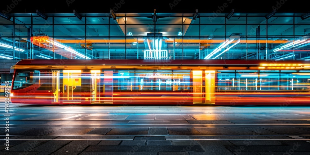 Poster a tram in motion creating vivid light trails through the city's night, embodying speed and modernity