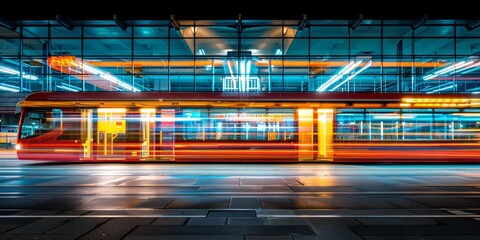 A Tram in Motion Creating Vivid Light Trails Through the City's Night, Embodying Speed and Modernity, Generative AI - obrazy, fototapety, plakaty