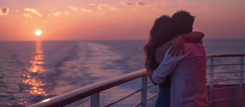 Portrait of young couple hugging on cruise ship at sunset. AI generated image
