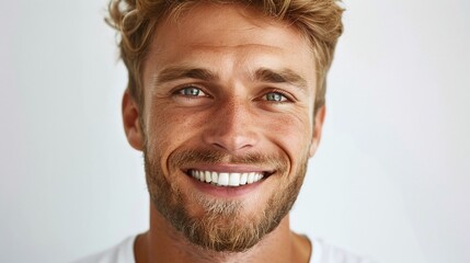 Fototapeta premium closeup photo portrait of a handsome blonde scandinavian man smiling with clean teeth for a dental ad, highlighting dental hygiene and confidence with fresh stylish hair and strong jawline on white