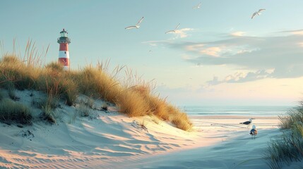 Coastal Serenity: Sunset Over Sandy Dunes and Lighthouse