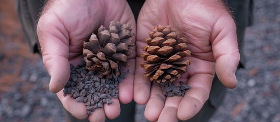 A person is holding two pine cones in their hands against a backdrop of gravel. The pine cones are the main focus, showcasing their unique textures and shapes.