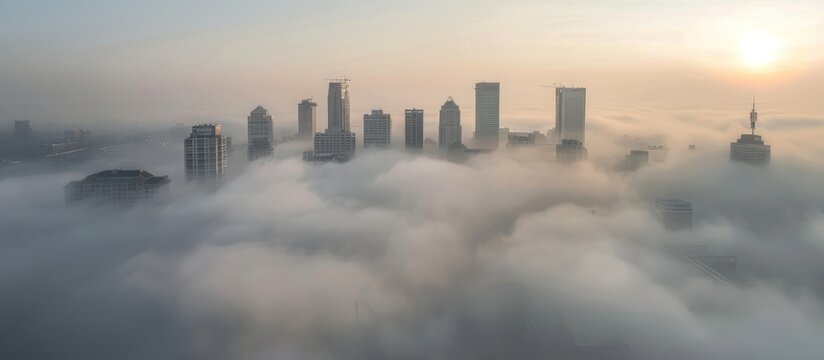 Portrait of a city shrouded in thick fog. AI generated image