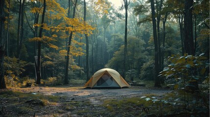 A camp site clearing in the middle of the woods, daylight. Generative AI.