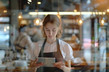 Beautiful woman waitress in apron using digital tablet in cafe