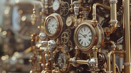 vintage steampunk art featuring clock gears, industrial pipes, and mechanical machinery for a retro...