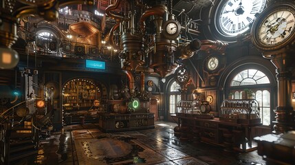 nostalgic steampunk style with gears, pipes, and clocks creating a vintage retro industrial decor for a unique and ornate fantasy design concept