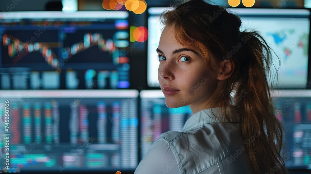 Aufkleber Woman is working in front of multiple computer monitors displaying financial data in the office. Generative AI.