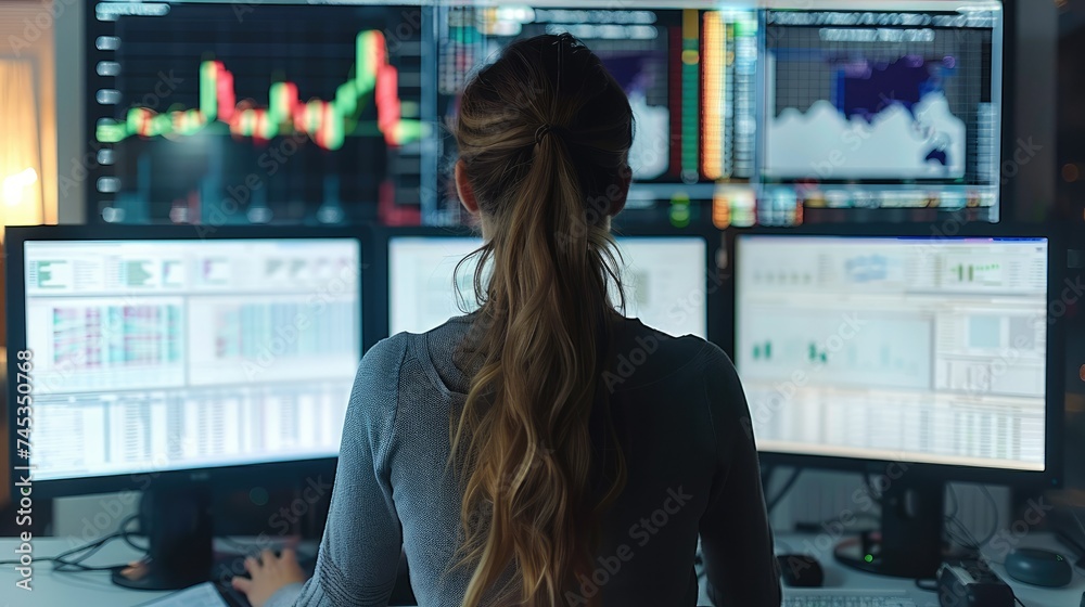 Aufkleber Woman is working in front of multiple computer monitors displaying financial data in the office. Generative AI.