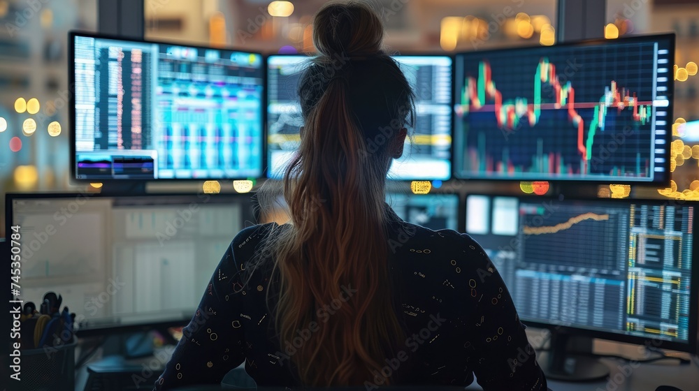 Aufkleber Woman is working in front of multiple computer monitors displaying financial data in the office. Generative AI.