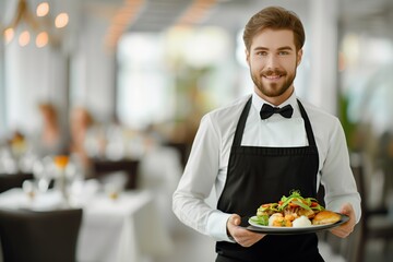 Handsome man waiter holding plate with tasty dishes