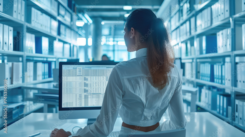 Poster Woman working with the national e-Invoice system at feature a modern, tech-savvy business environment, showcasing entrepreneurs efficiently managing their finances. Generative AI.