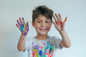 Child showing hands painted in colorful paints
