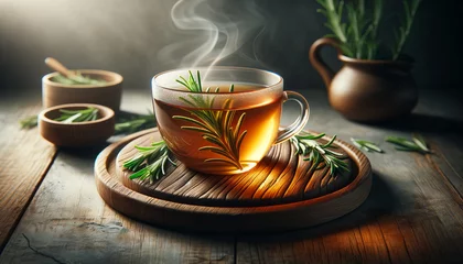 Fotobehang close-up of a wooden board with a glass cup of hot rosemary tea. © eric.rodriguez