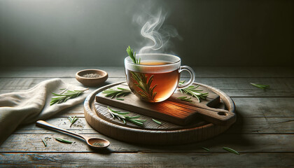 close-up of a wooden board with a glass cup of hot rosemary tea. - obrazy, fototapety, plakaty