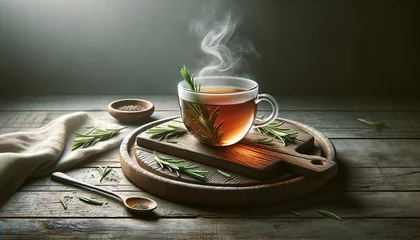  close-up of a wooden board with a glass cup of hot rosemary tea. © eric.rodriguez