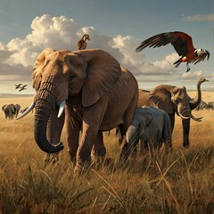 An extensive gathering of East African wildlife are amalgamated as one in an expanse of prairie vegetation.