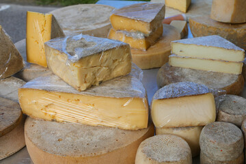 aged cheese wheels and fresh cheese chunks for sale at a stall