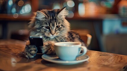 Cat sitting in cafe with cup of coffee and using smartphone internet concept wallpaper background
