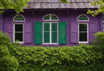 Fototapeta premium Purple Wooden House With Green Wooden Windows