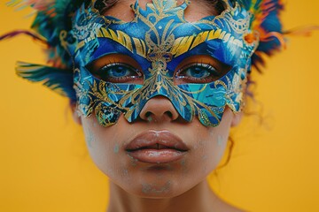 Portrait of beautiful woman in colorful eye mask. Carnival mask