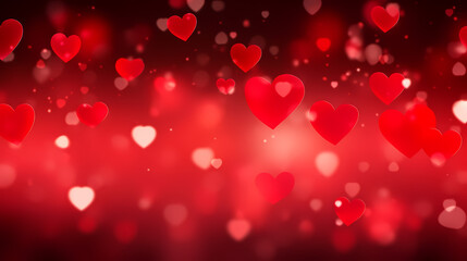 Abstract Valentine's Day background with red hearts and blurred bokeh lights